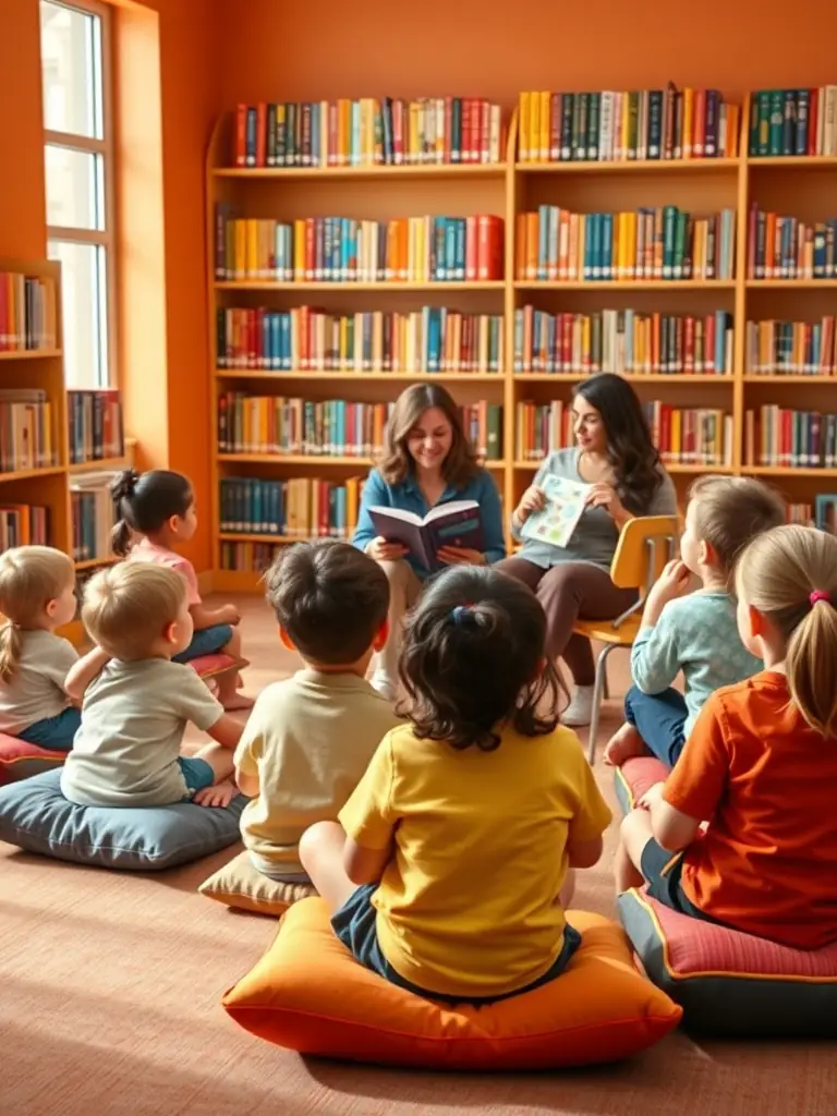 A vibrant image depicting children participating in a storytelling session at the school library, surrounded by colorful books and engaged in the narrative.