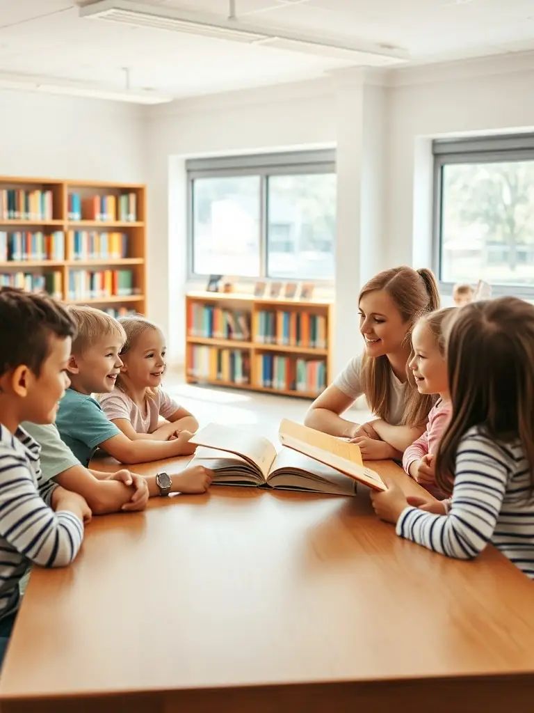 A group of elementary school students sitting around a table, engaged in a reading activity, with a teacher guiding them. The scene is bright and cheerful, set in a well-stocked school library.