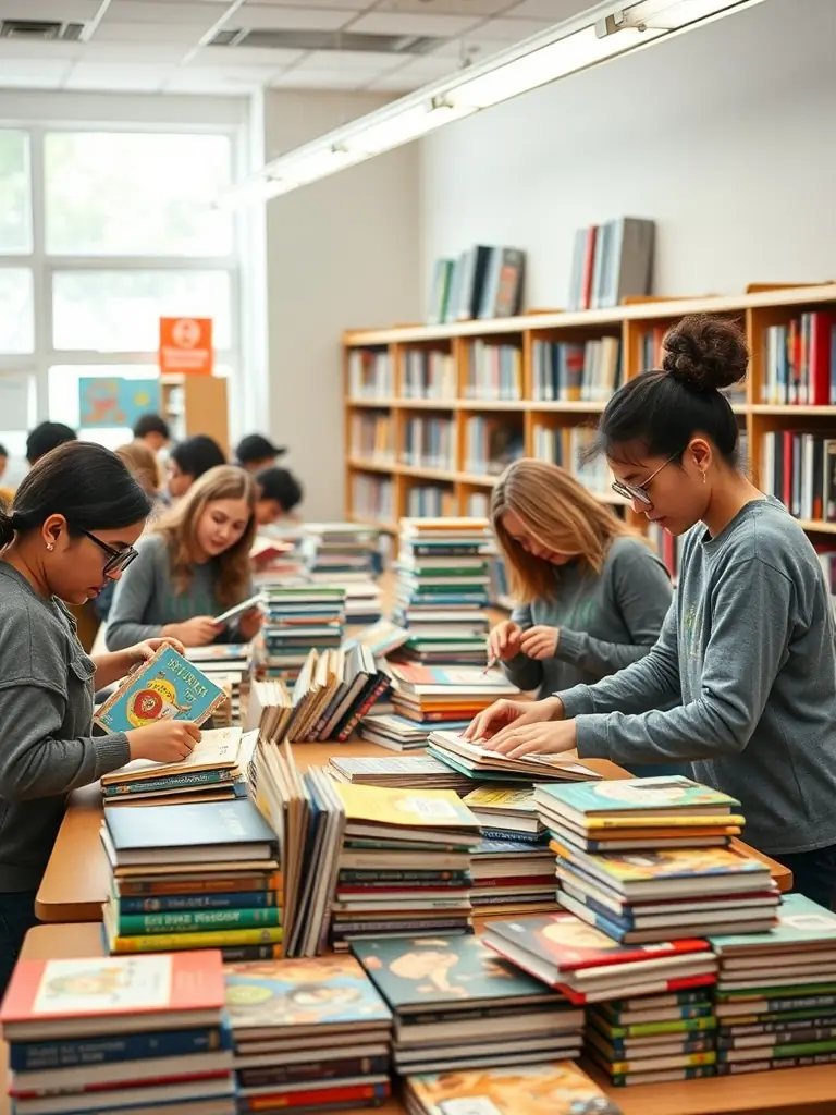 A collection of new books being sorted and organized by volunteers in the school library, ready to be distributed to students. The books are diverse and age-appropriate.