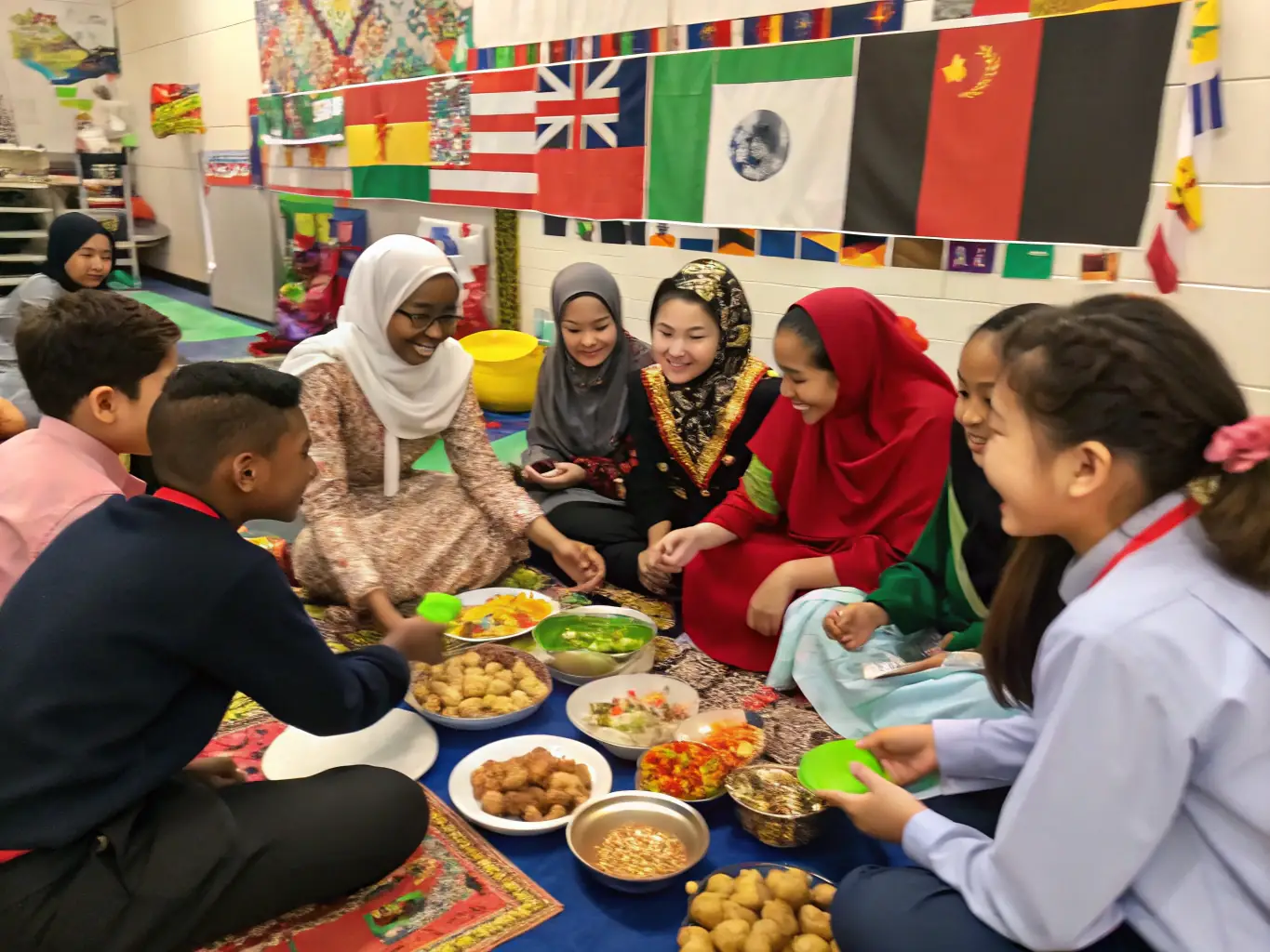 A diverse group of students are participating in a cultural exchange activity, showcasing traditional clothing and artifacts from different countries. The setting is a school auditorium, decorated with flags and banners, promoting cultural understanding and appreciation.