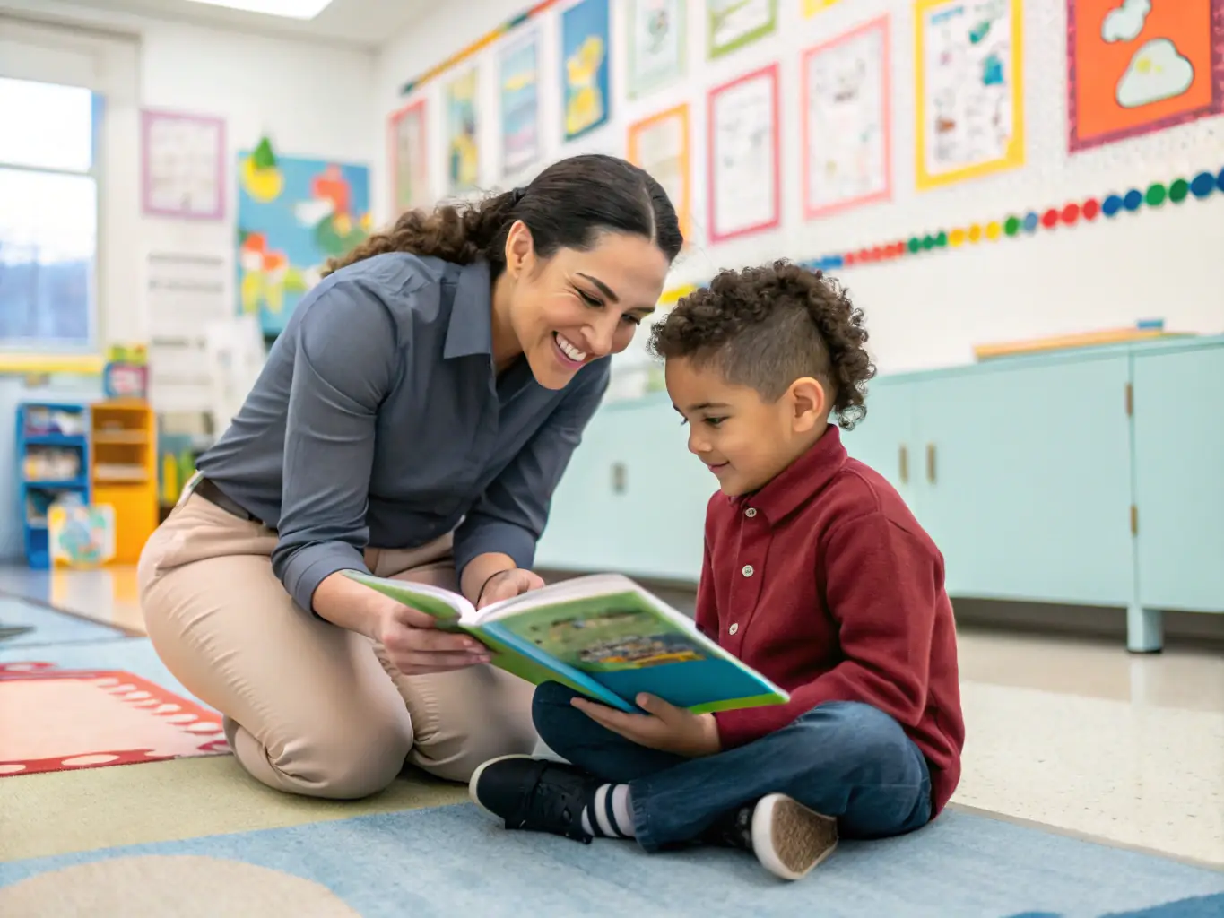 An image of children participating in a reading workshop, surrounded by books and educational materials, with a teacher guiding them.