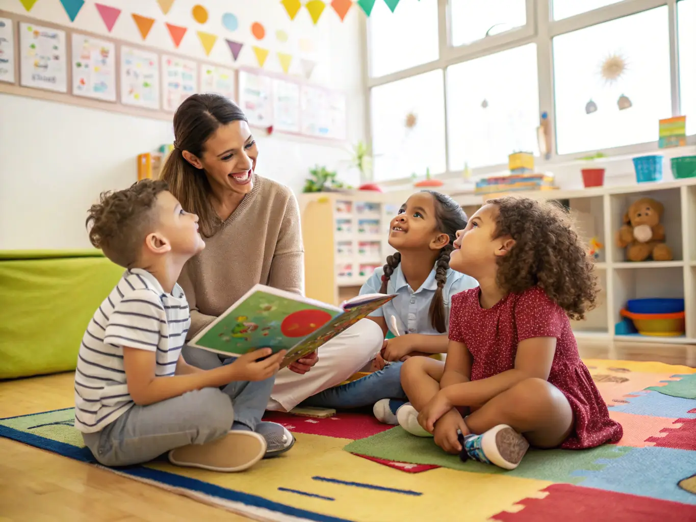 A teacher is leading a storytelling session with a group of young children in a classroom. The children are captivated, listening attentively to the story. The classroom is decorated with educational posters and artwork, creating a stimulating learning environment.