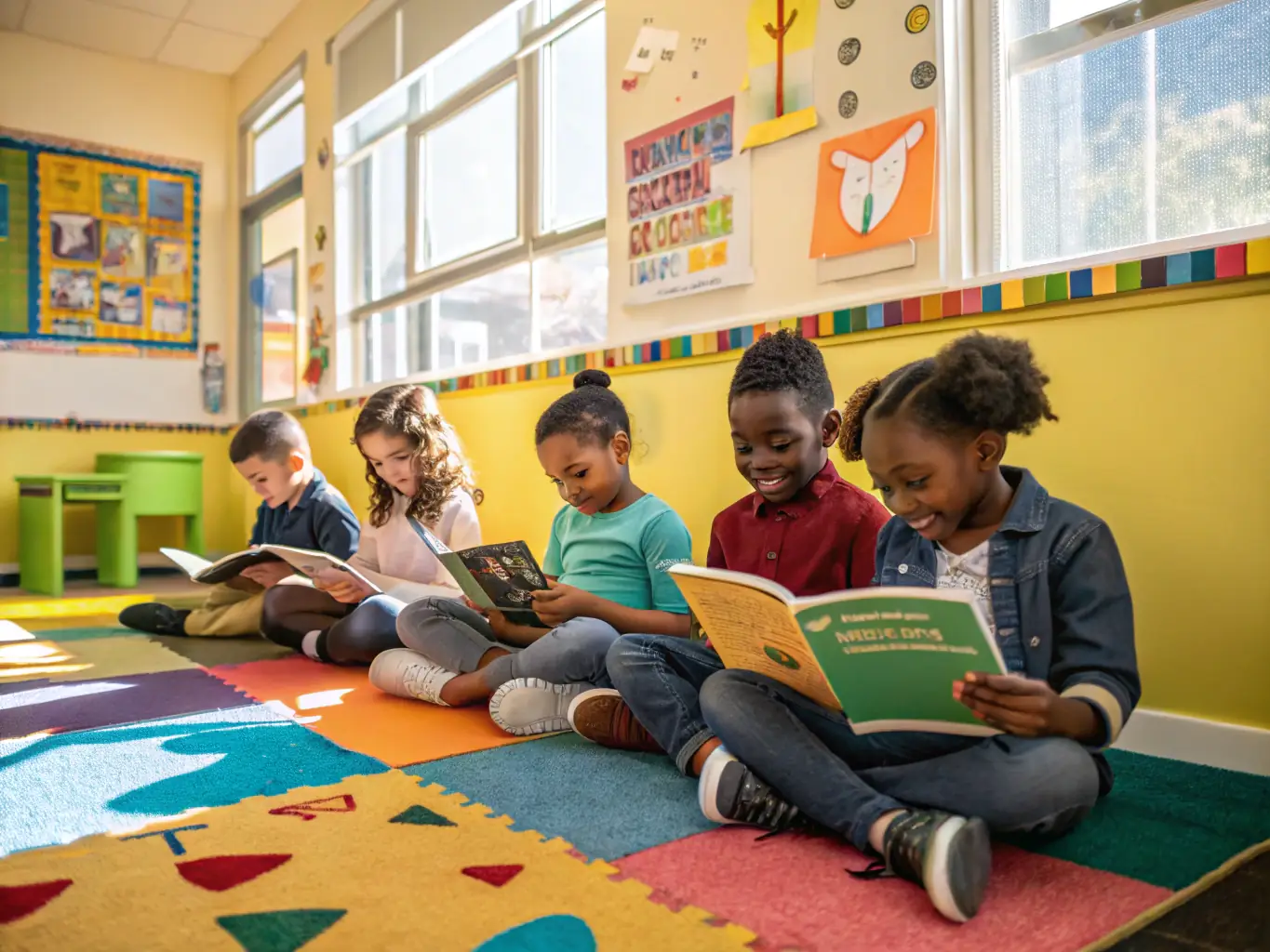 A vibrant image showing children gathered around a teacher during a storytelling session, with colorful books and educational materials in the background, capturing the essence of engaging and interactive reading experiences.
