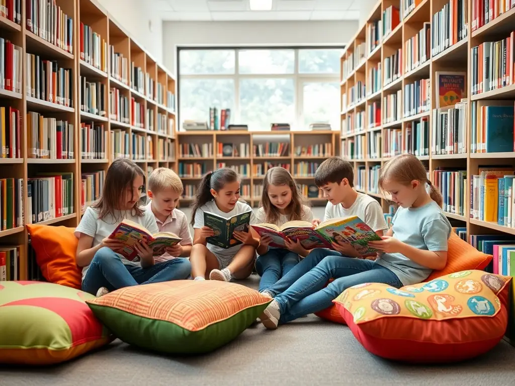 A group of children are sitting around a table in a school library, deeply engrossed in reading different books. The scene is brightly lit, with colorful bookshelves in the background, creating a warm and inviting atmosphere that encourages reading and learning.