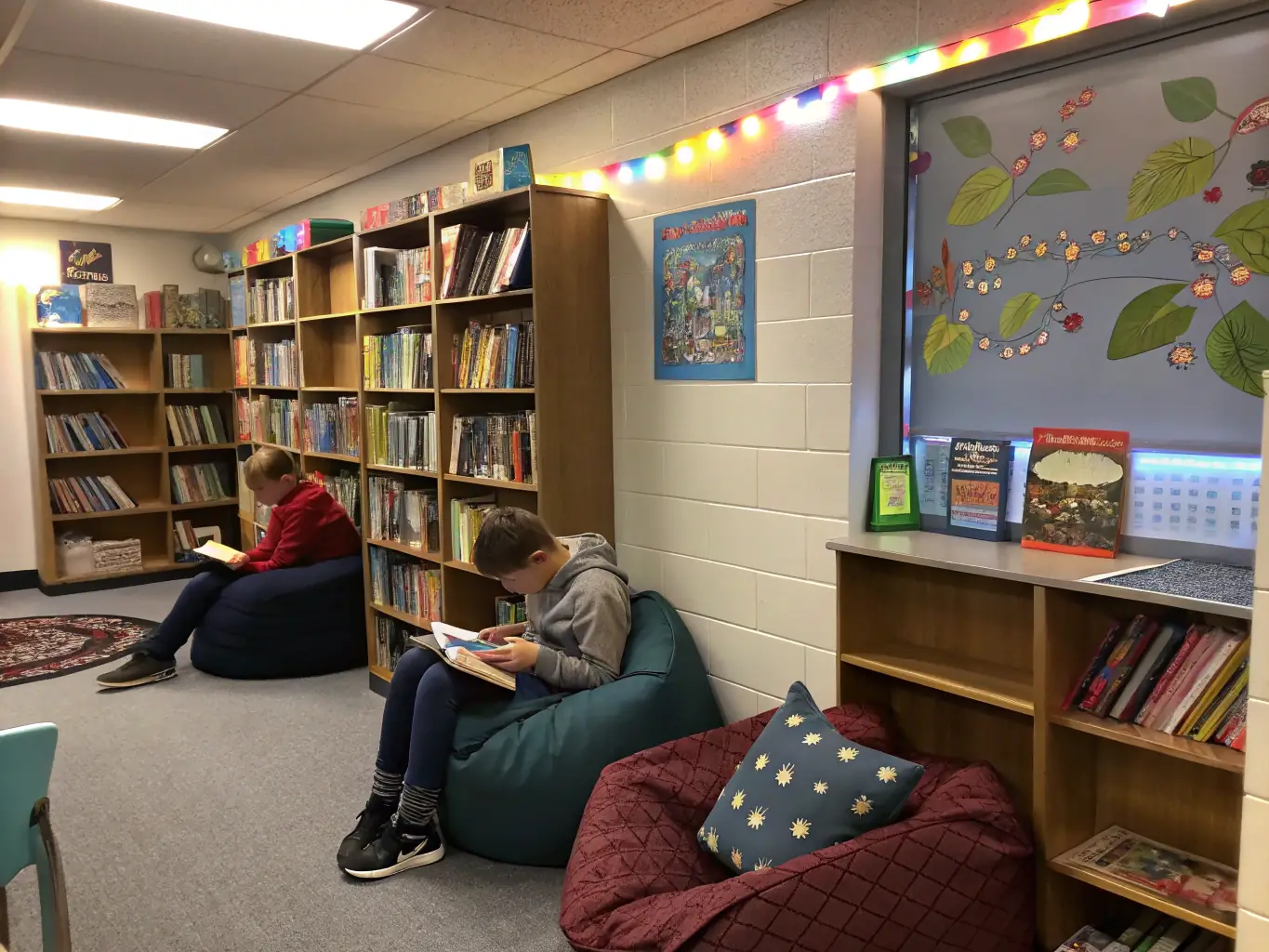A photograph of a well-stocked library corner in a classroom, filled with diverse books and comfortable seating, illustrating the importance of providing access to reading resources for children.