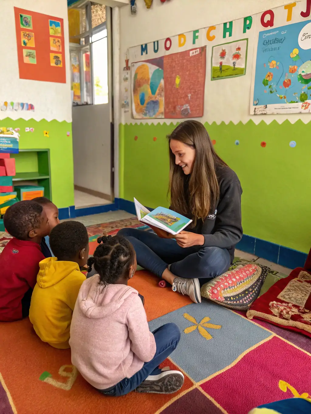 A volunteer reading aloud to a small group of children, using expressive gestures and voice modulation to bring the story to life. The children are captivated and attentive.