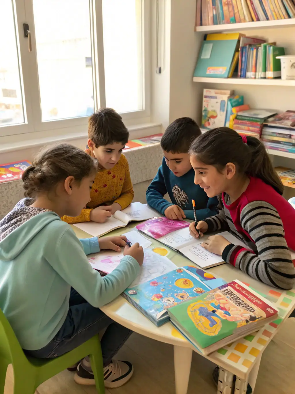 A photograph of students actively participating in a reading workshop, with a facilitator guiding them through a text and encouraging discussion.