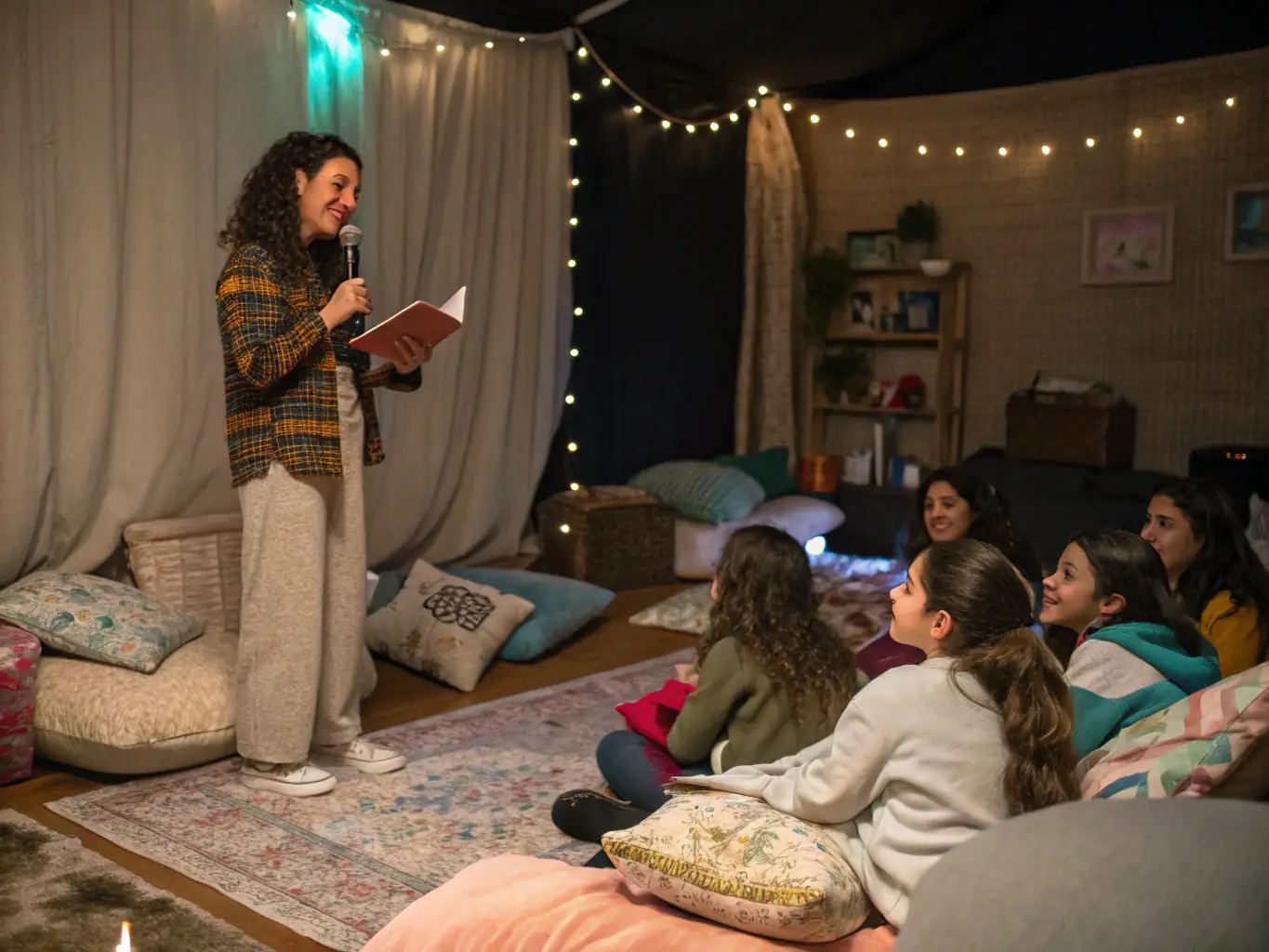 A photograph of a storyteller captivating a group of children with an engaging narrative, set in a cozy and inviting library corner.
